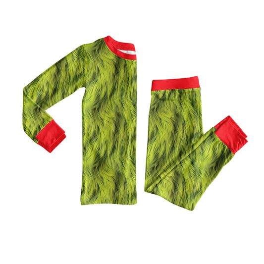 Preorder(moq 5) Baby Girls Long Sleeves Green Fur Print Top Pants Pajamas Set