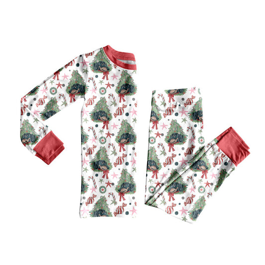 Preorder (moq 20)Baby Boys Bamboo Trees Candy Cane Bows Christmas Pajamas Sets