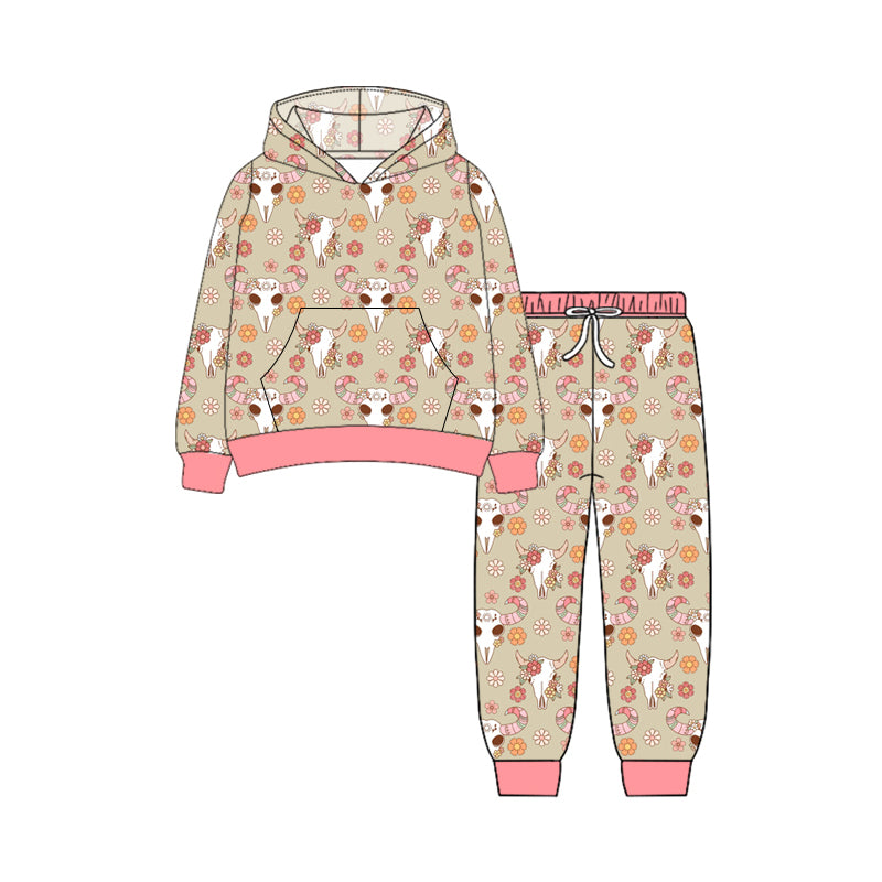Preorder (moq 5)Baby Girls Long Sleeves Flowers Bull Skull Pockets Hoodie Pant Clothes Set