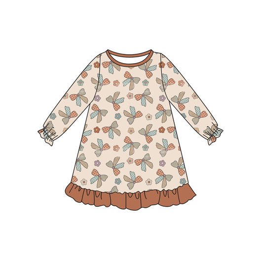 Preorder (moq 5)Baby Girls Long Ruffle Sleeves Khaki Bows Flowers Plaid Knee Length Dresses