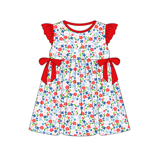 Preorder (moq 5)Baby Girls Flutter Sleeve Blue Red Flowers 4th of July Knee Length Dresses