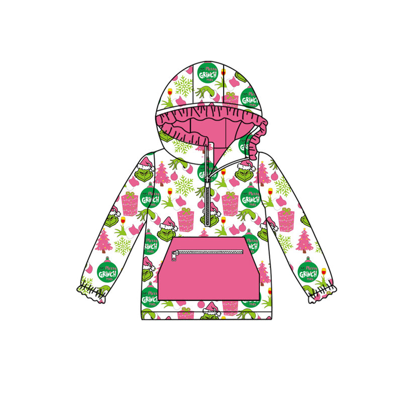 Preorder(moq 5)Baby Girls Green Faces Lights Pockets Zipper Christmas Hoodie Tops