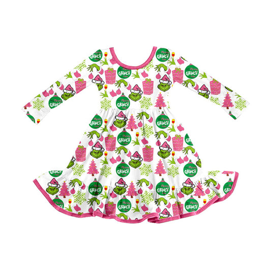 Preorder (moq 5)Baby Girls Green Faces Lights Christmas Ruffle Knee Length Dresses