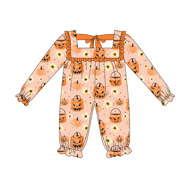 Preorder (moq 5)Baby Girls Long Sleeves Orange Pumpkins Flowers Ruffle Rompers