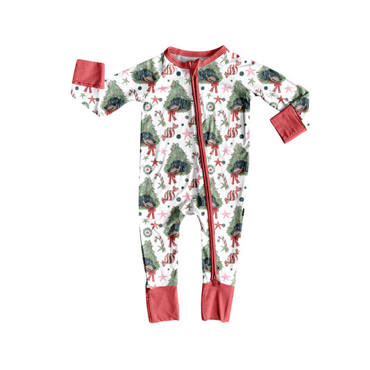 Preorder (moq 20)Baby Boys Bamboo Trees Candy Cane Bows Christmas Zippy Footie Rompers