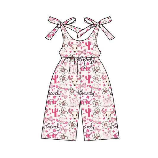 Preorder (moq 5)Baby Girls Bows Strap Bull Skull Flowers Howdy Pant Jumpsuits