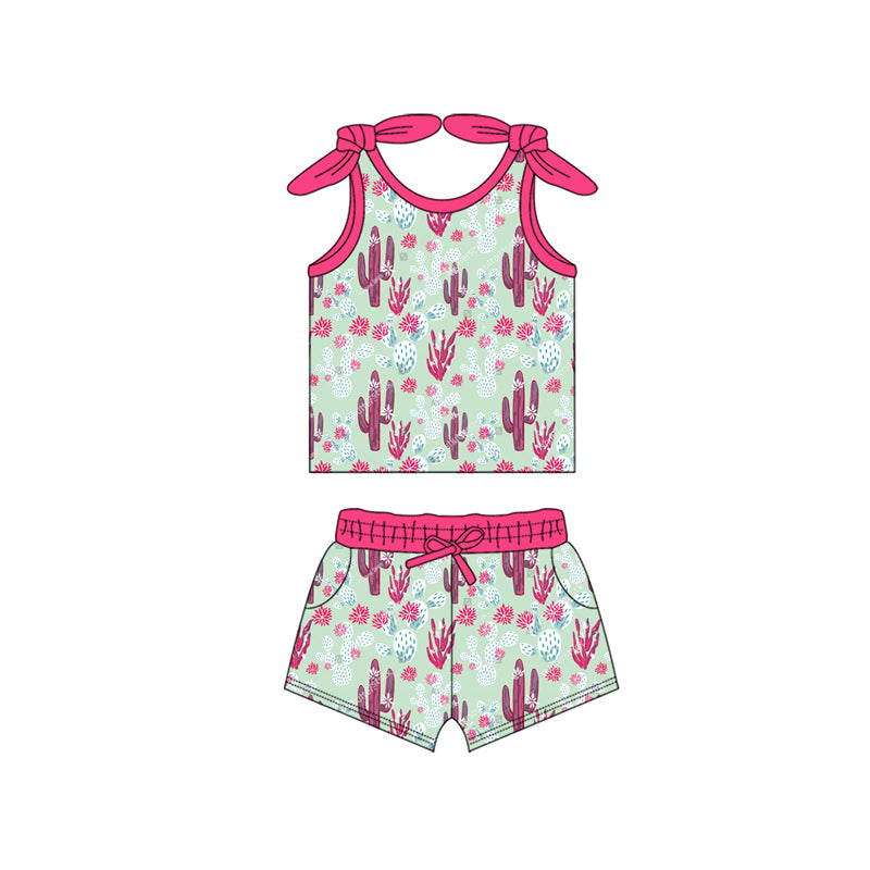 Preorder (moq 5)Baby Girls Bows Sleeveless Hot Pink Cactus Flowers Top Pockets Shorts Set