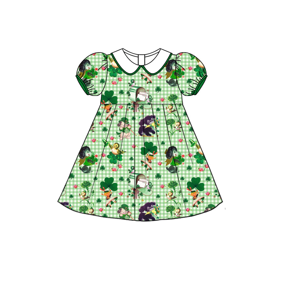 Preorder (moq 5) Baby Girl Clothes Vintage St Patrick Cartoon Gingham Print Short Puff Sleeve Dress