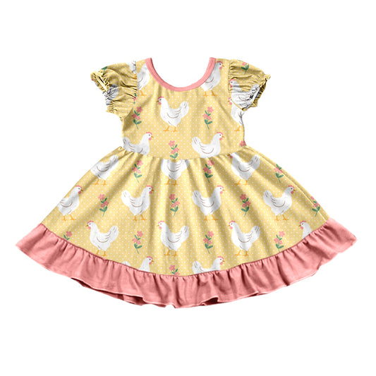 Preorder (moq 5) Baby Girl Clothes Farm Chicken Floral Polka Dot Print Short Sleeve Ruffle Hem Twirl Dress