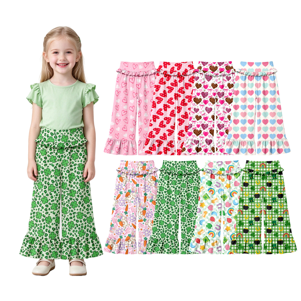 Preorder (moq 5) Baby Girl Clothes St Patricks Gnome Clover Gingham Mixed Print Long Waist Ruffle Bell Bottom Pants