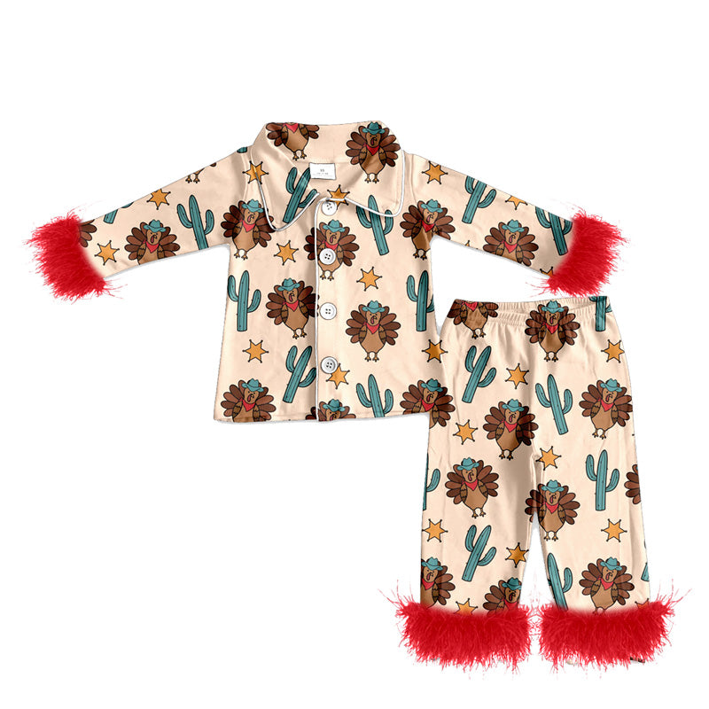 preorder(MOQ 5)Baby Girls Thanksgiving Turkey Cactus Fur Top Pants Pajamas