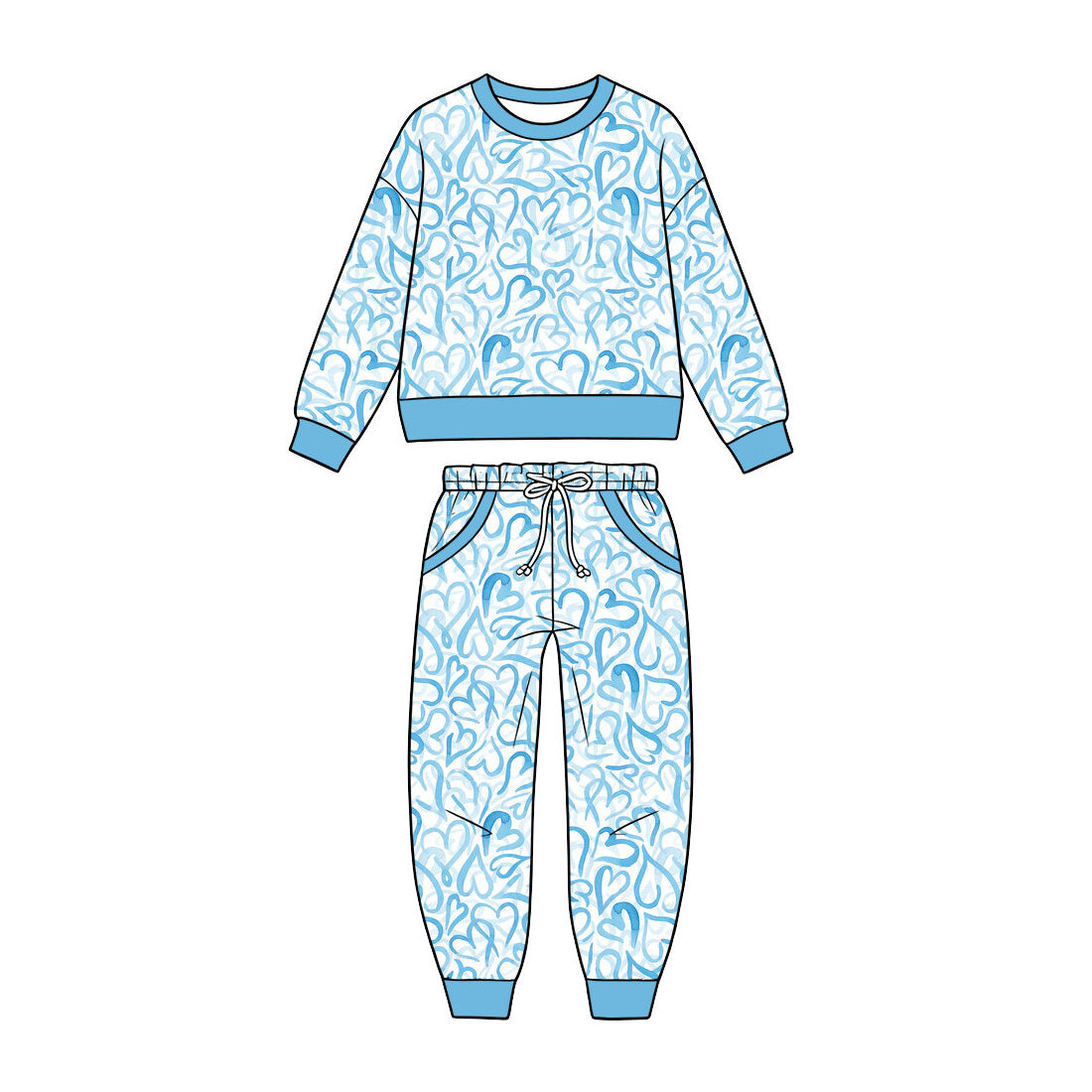 Preorder (moq5) Baby Boy Clothes Blue Watercolor Heart Print Long Sleeve Jogger Pant Set