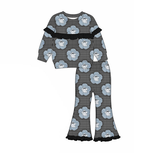 Preorder (moq 5)Baby Girls Black Stripe Ghost Flowers Top Flare Pant Halloween Clothes Set