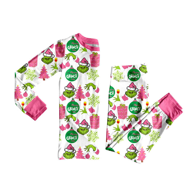 Preorder (moq 5)Baby Girls Green Faces Lights Top Pants Christmas Pajamas Clothes Set