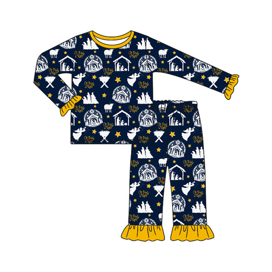 Preorder (moq 5)Baby Girls Black Long Sleeves Stars Nativity Top Pant Pajamas Set