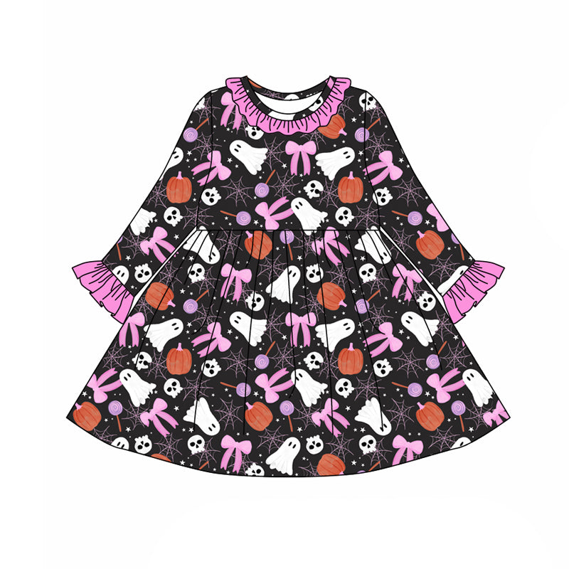 preorder(moq 5) Baby Girls Long Sleeves Bows Ghost Pumpkins Plaid Knee Length Dresses