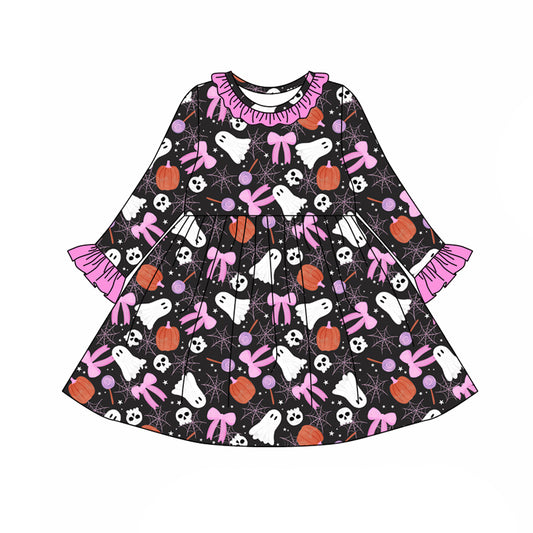 preorder(moq 5) Baby Girls Long Sleeves Bows Ghost Pumpkins Plaid Knee Length Dresses