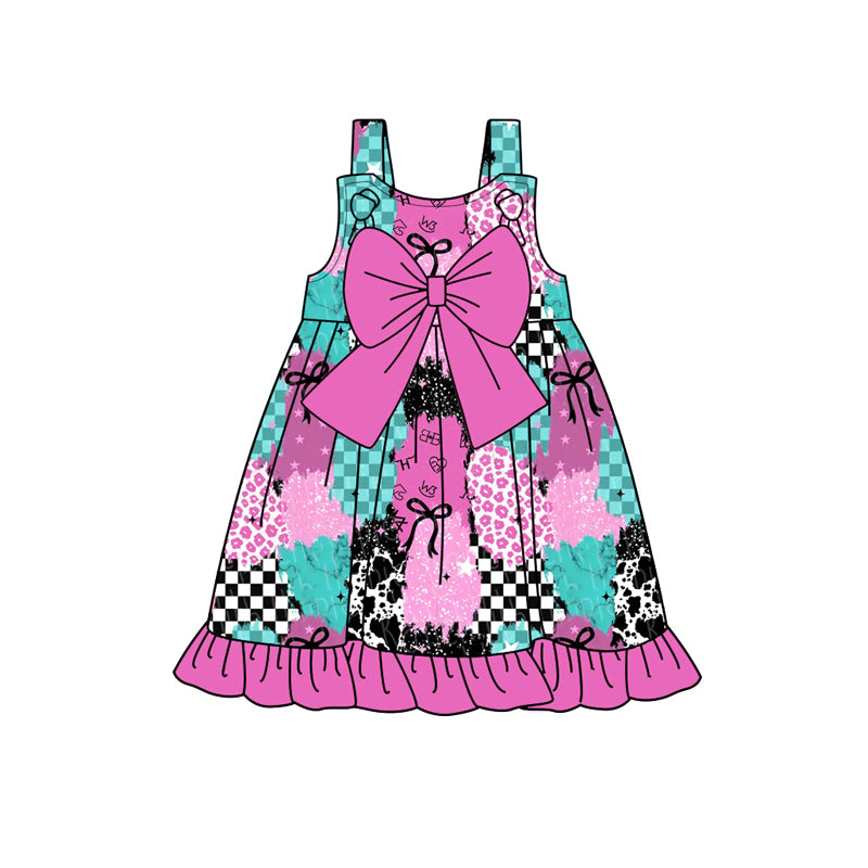 Preorder (moq 5)Baby Girls Western Pink Leopard Straps Knee Length Dresses