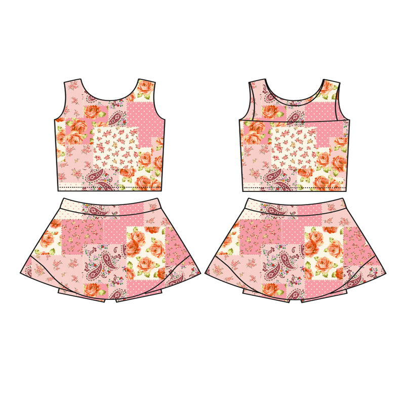 Preorder (moq 5)Baby Girls Pink Polka Dots Floral Top Skort Yoga Active Wear Set