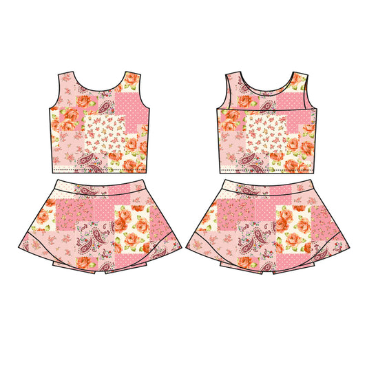 Preorder (moq 5)Baby Girls Pink Polka Dots Floral Top Skort Yoga Active Wear Set