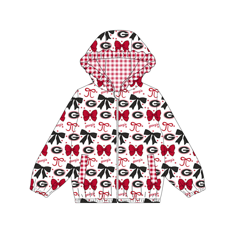 Preorder (moq 5)Baby Girls Red Georgia Bows Zip Ruffle Hooded Cardigan Jackets Tops