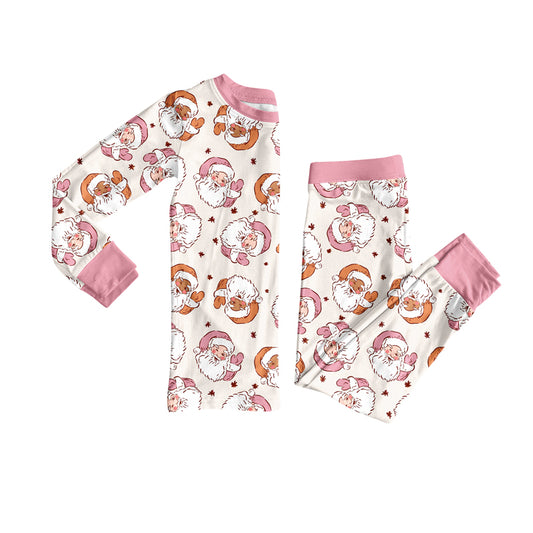 Preorder (moq 5)Baby Girls Long Sleeves Pink Santa Holly Plaid Top Pants Pajamas Set