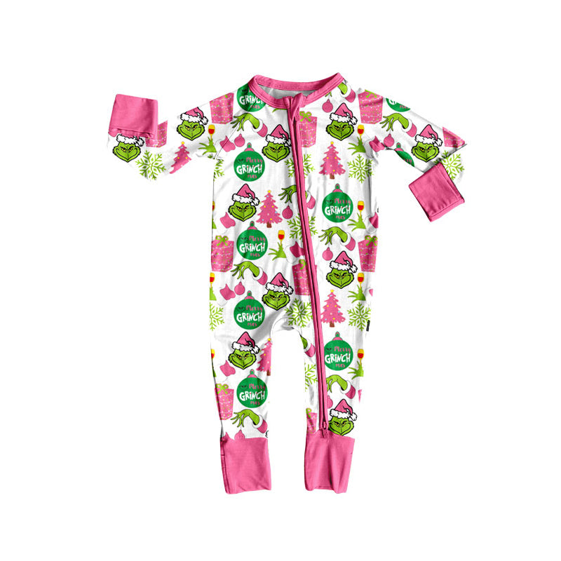 Preorder(moq 5)Baby Girls Green Faces Lights Christmas Zipper Footie Rompers