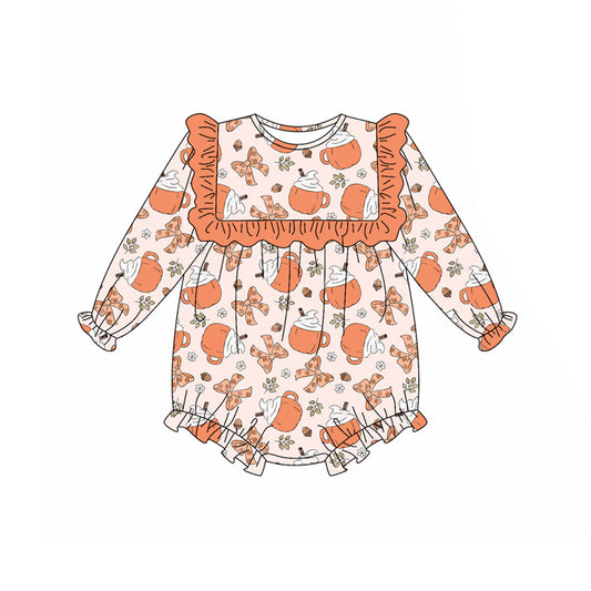Preorder (moq 5)Baby Girls Long Sleeves Peach Bows Cups Ruffle Rompers
