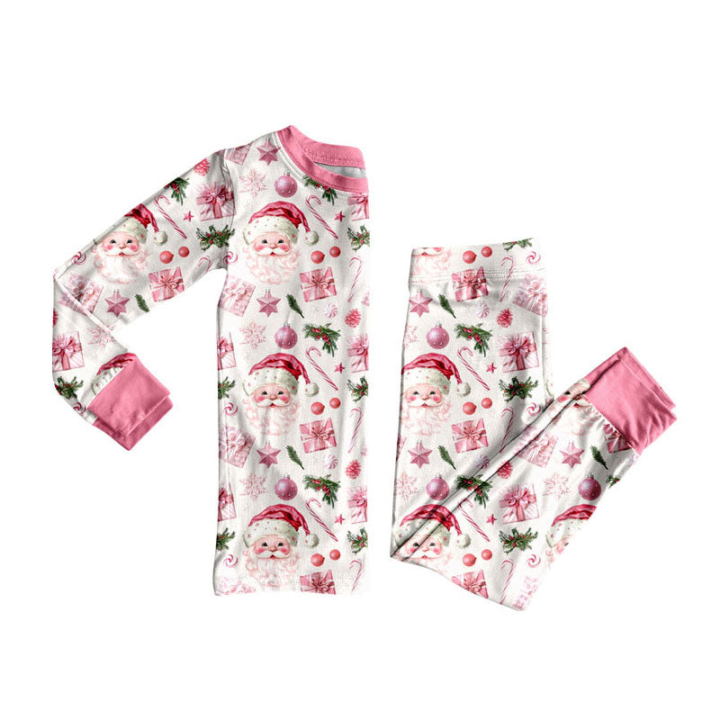 Preorder (moq 5)Baby Girls Pink Santa Lights Top Pants Christmas Pajamas Sets