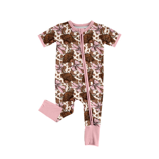 Preorder(moq 5)Baby Infant Girls Western Highland Cow Bows Zip Summer Rompers