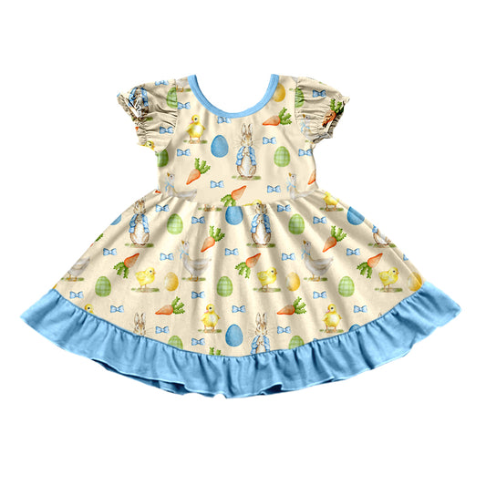 Preorder (moq 5) Baby Girl Clothes Easter Bunny Chick Duck Egg Carrot Mixed Print Short Flutter Sleeve Ruffle Hem Twirl Dress
