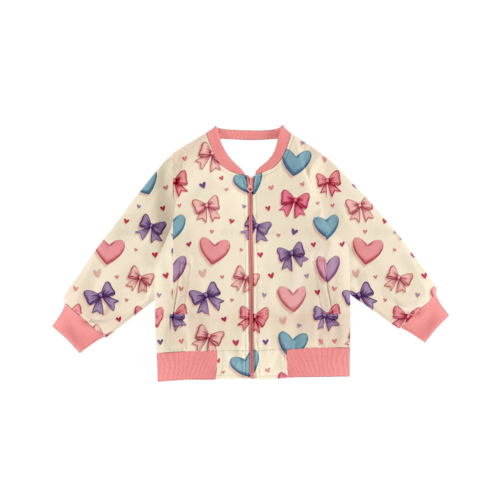 Preorder(moq 8)Baby Girls Long Sleeve Colorful Hearts Bows Pockets Zip Jackets Top
