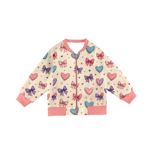 Preorder(moq 8)Baby Girls Long Sleeve Colorful Hearts Bows Pockets Zip Jackets Top