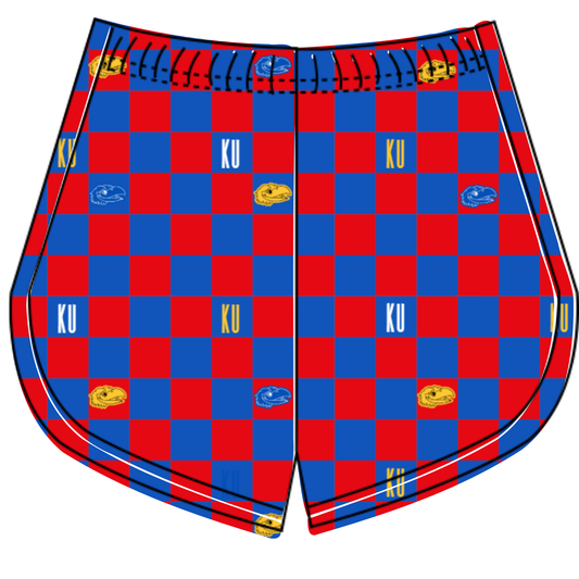 Preorder (moq 5)Baby Girls Blue Red Checked KU Cheer Team Shorts Bottoms
