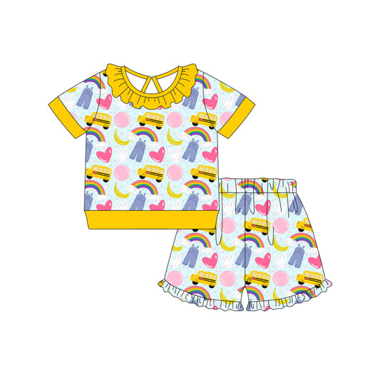 Preorder (moq 5)Baby Girls Rainbow Rabbits Top Ruffle Shorts Easter Clothes Set