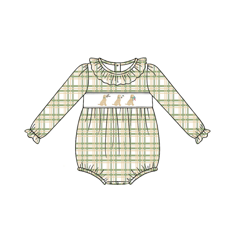 Preorder (moq 5)Baby Girls Long Sleeve Green Checked Ducks Dogs Hunting Ruffle Rompers