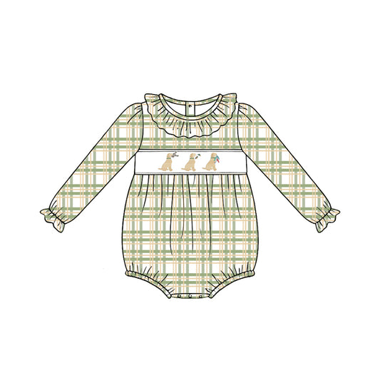 Preorder (moq 5)Baby Girls Long Sleeve Green Checked Ducks Dogs Hunting Ruffle Rompers