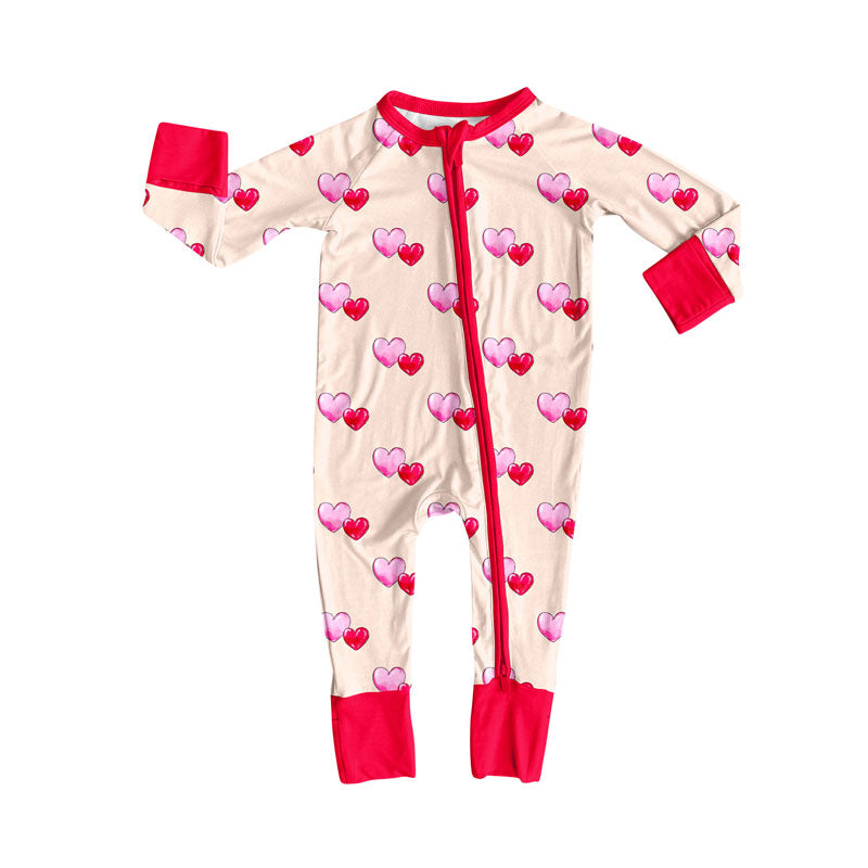 Preorder (moq 5)Baby Girls Hearts Checked Valentine Zipper Footie Rompers