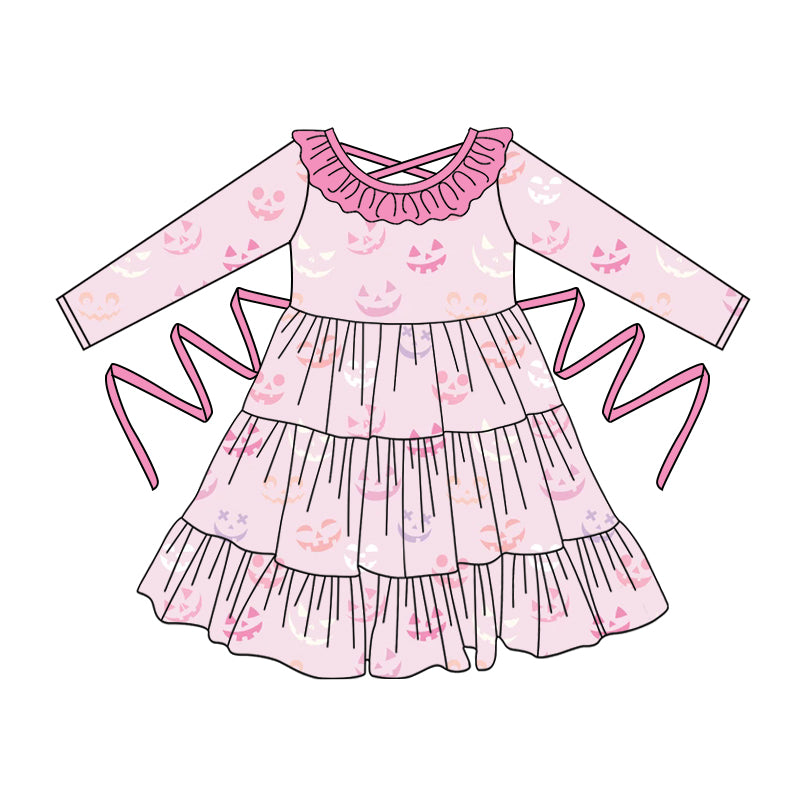 Preorder moq 5 Baby Girls Pink Long Sleeves Ghosts Smiles With Belt Ruffle Knee Length Dresses