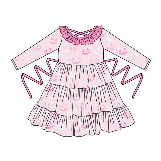 Preorder moq 5 Baby Girls Pink Long Sleeves Ghosts Smiles With Belt Ruffle Knee Length Dresses