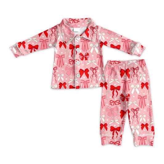 Preorder (moq 5)Baby Girls Pink Bows Stars Button Top Pants Valentine Pajamas Sets