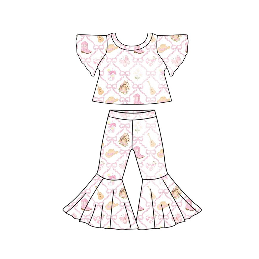 Preorder (moq 5)Baby Girls Bell Sleeve Horse Boots Top Bell Bottom Pant Western Clothes Sets