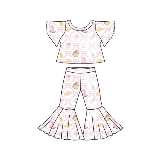 Preorder (moq 5)Baby Girls Bell Sleeve Horse Boots Top Bell Bottom Pant Western Clothes Sets