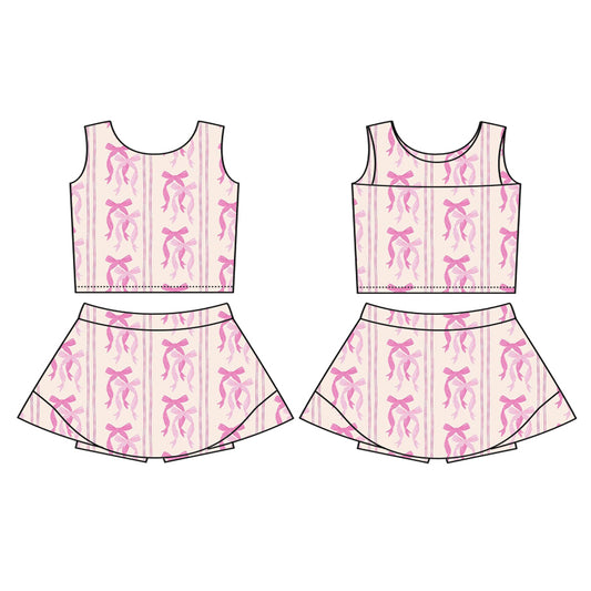 Preorder (moq 5)Baby Girls Pink Sleeveless Bows Stripe Top Skort Yoga Active Set