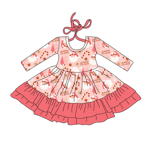 Preorder (moq 5)Baby Girls Long Sleeves Peach Santa Candy Cane Ruffle Knee Length Dress