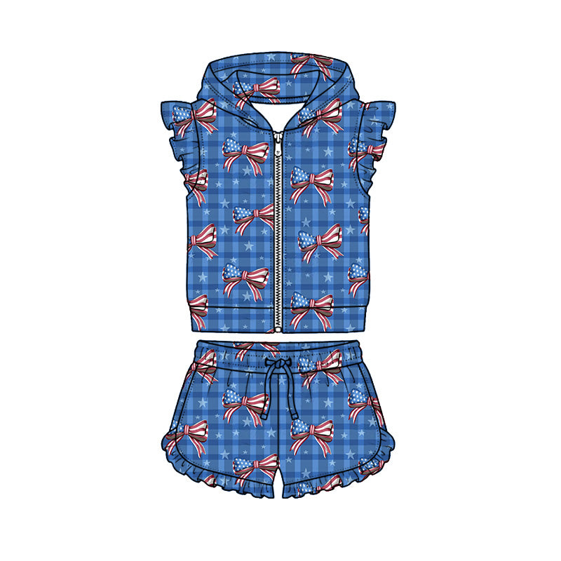 Preorder (moq 5)Baby Girls Flag Bows Checked Hoodie Zip Jacket Ruffle Short 4th of July Clothes Sets