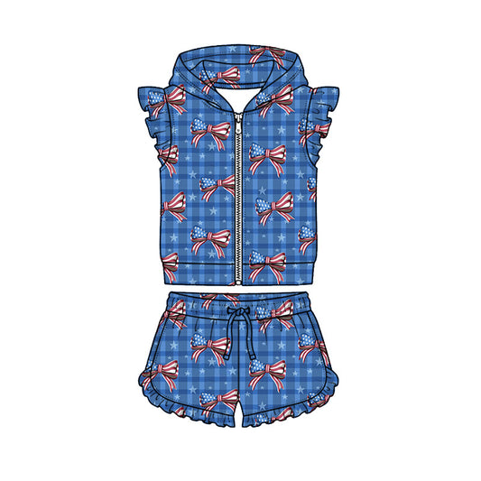 Preorder (moq 5)Baby Girls Flag Bows Checked Hoodie Zip Jacket Ruffle Short 4th of July Clothes Sets