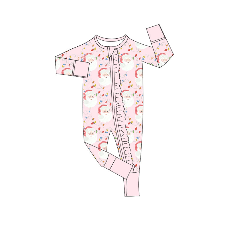 Preorder (moq 5)Baby Girls Long Sleeves Pink Santa Lights Plaid Ruffle Zipper Romper