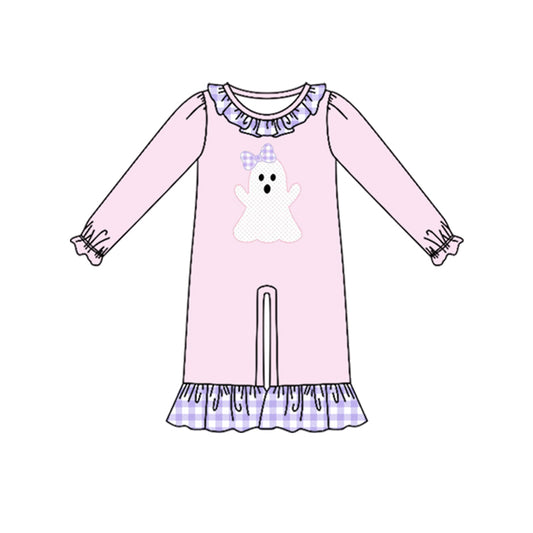 Preorder (moq 5) Baby Girls Long Ruffle Sleeve Bow Ghost Halloween Pant Rompers