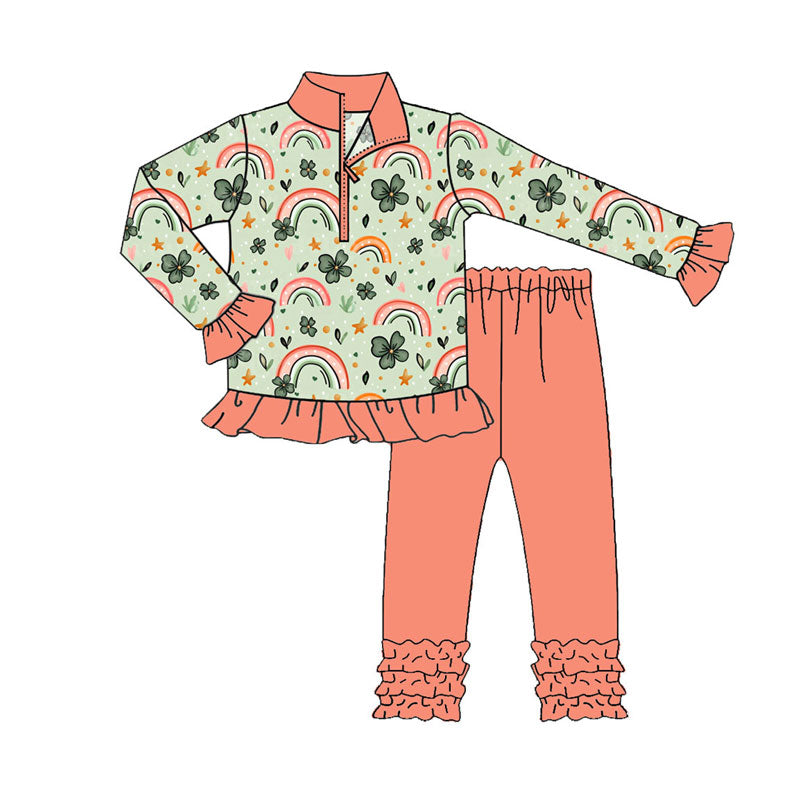 Preorder (moq 5)Baby Girls Clovers Rainbows Zipper Pullover Ruffle Leggings St Patrick Clothes Sets